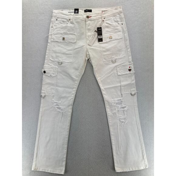 Preme Jeans Mens 40x34 Semi Stacked Fit Cargo Utility White Distressed Denim Y2K - Picture 1 of 15